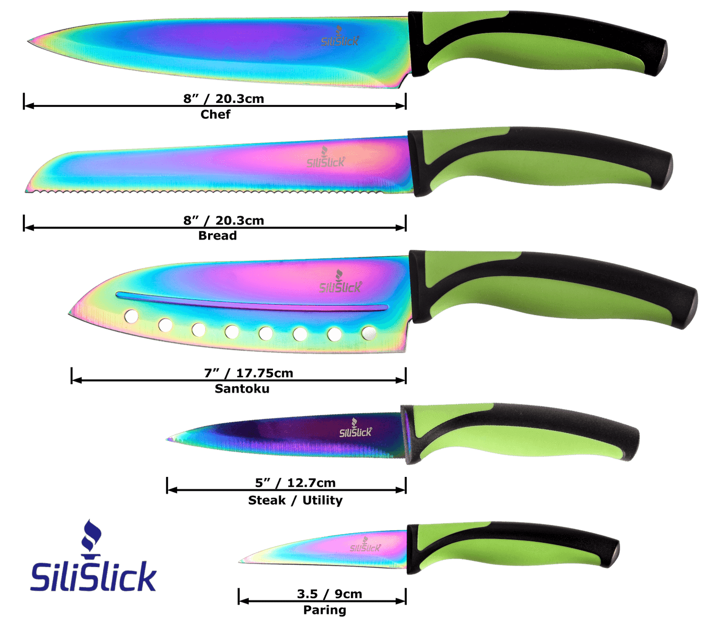 Kitchen Knife Set Kit | Green Handle & Black Magnetic Rack