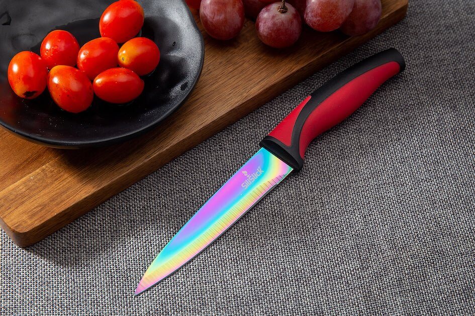 Steak Knife Set 6 Rainbow Titanium Coated Blades & Red Handles
