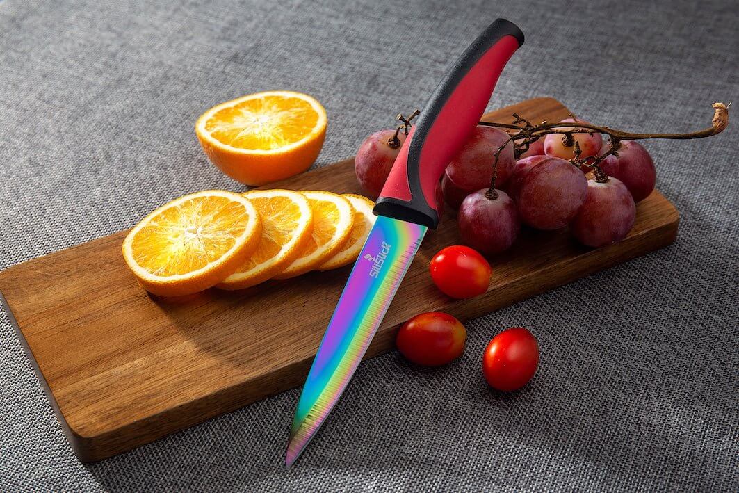 Steak Knife Set 6 Rainbow Titanium Coated Blades & Red Handles