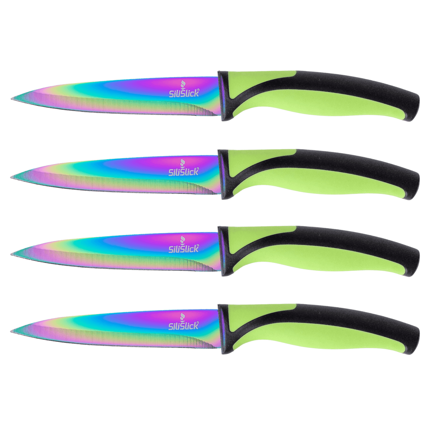Steak Knife Set 4 Rainbow Titanium Coated Blades & Green Handles