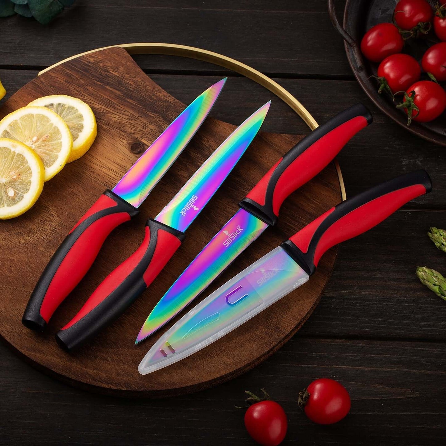 Steak Knife Set 4 Rainbow Titanium Coated Blades & Red Handles