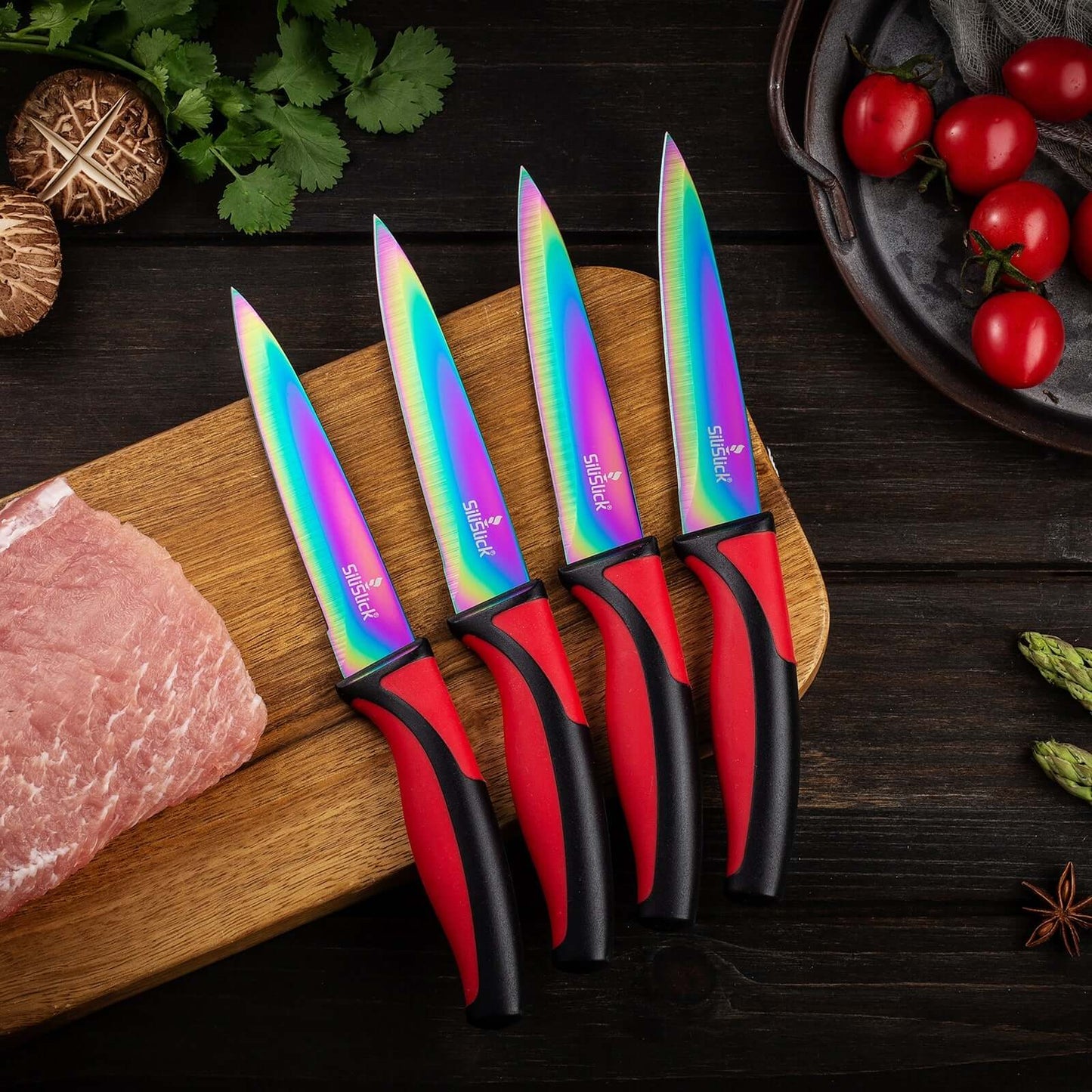 Steak Knife Set 4 Rainbow Titanium Coated Blades & Red Handles