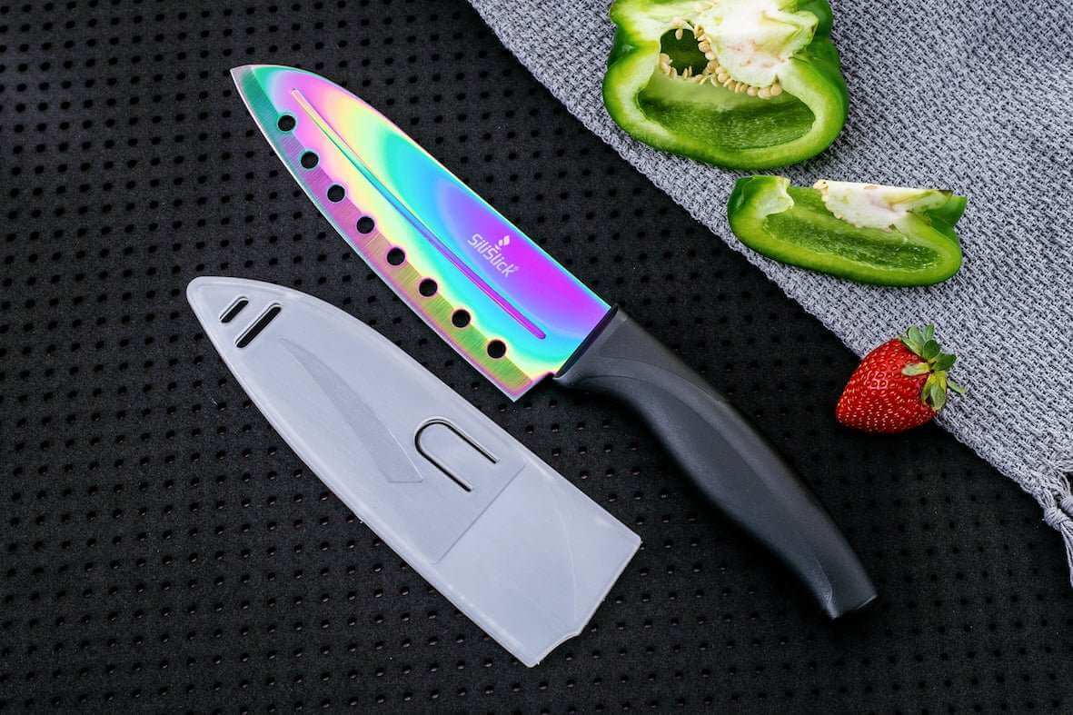 Kitchen Knife Set Kit Titanium Coated, Red Magnetic Rack & Sharpener