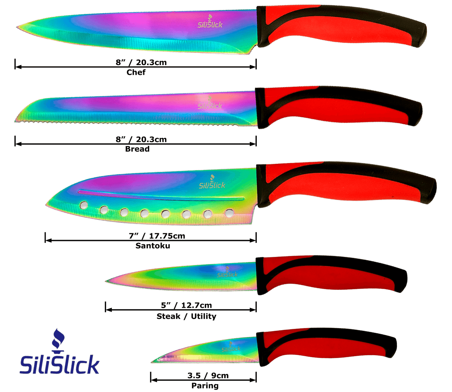 Kitchen Knife Set - Titanium Coated Blades - Red Handles