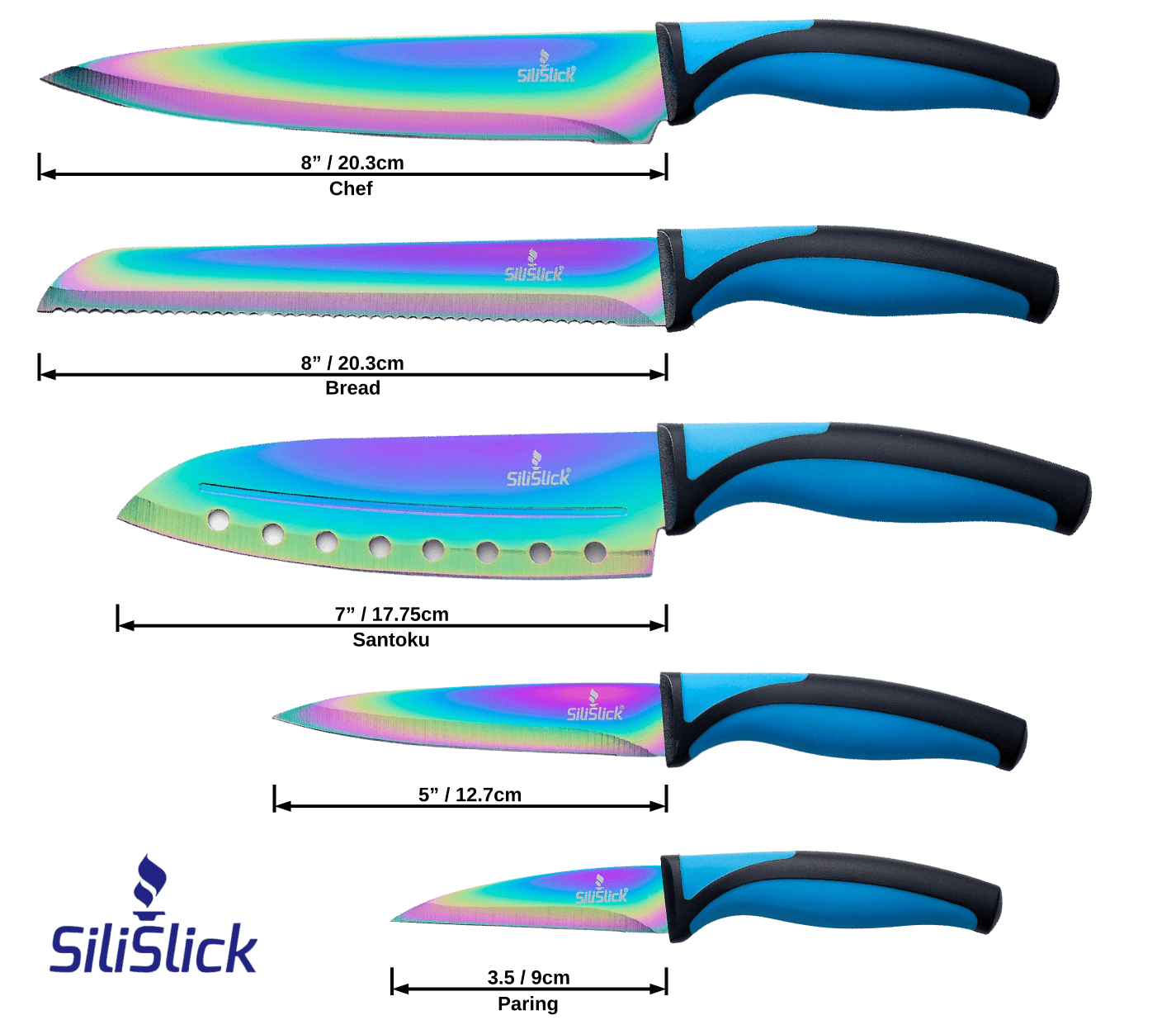 Kitchen Knife Set Kit | Blue Handle, Black Magnetic Rack & Sharpener