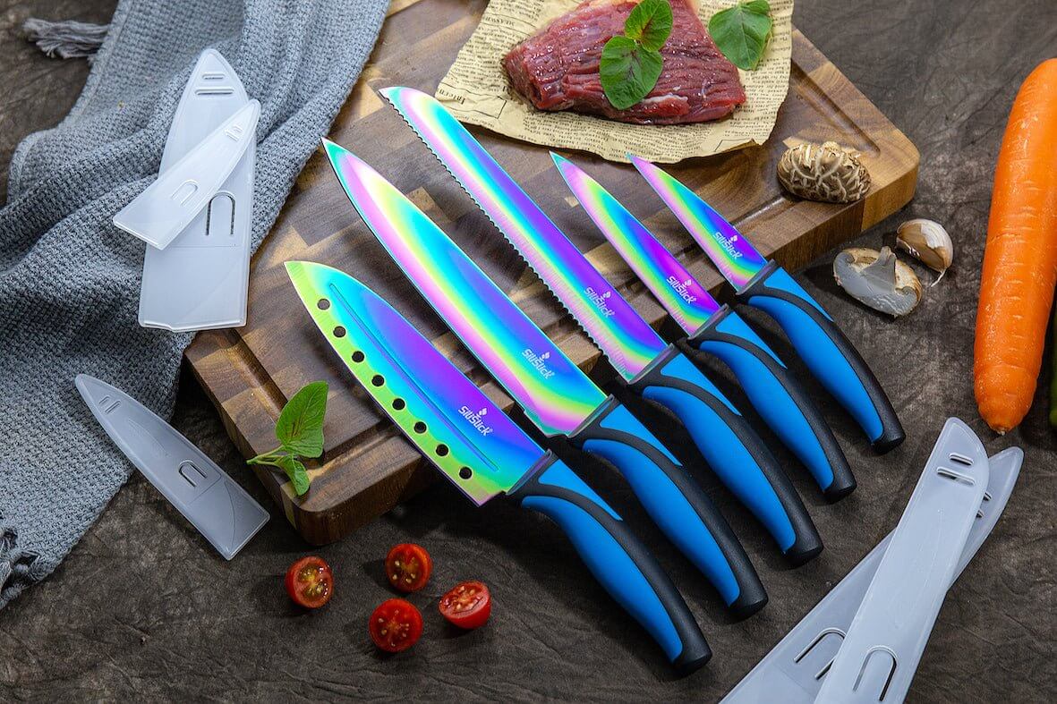 Kitchen Knife Set Kit | Blue Handle, Black Magnetic Rack & Sharpener