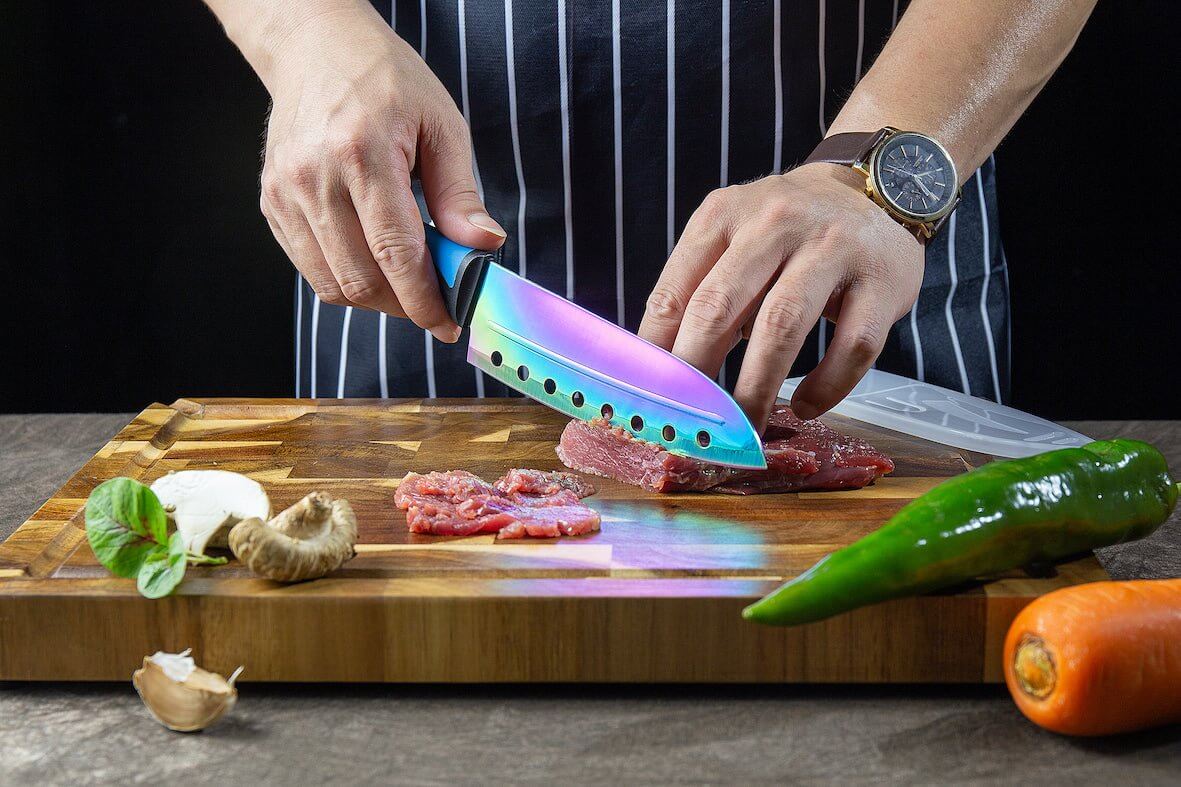 Kitchen Knife Set Kit | Blue Handle, Black Magnetic Rack & Sharpener
