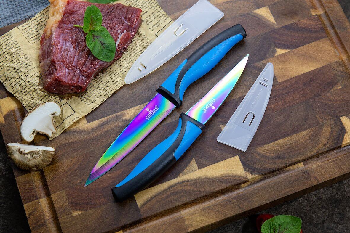 Kitchen Knife Set Kit | Blue Handle, Black Magnetic Rack & Sharpener