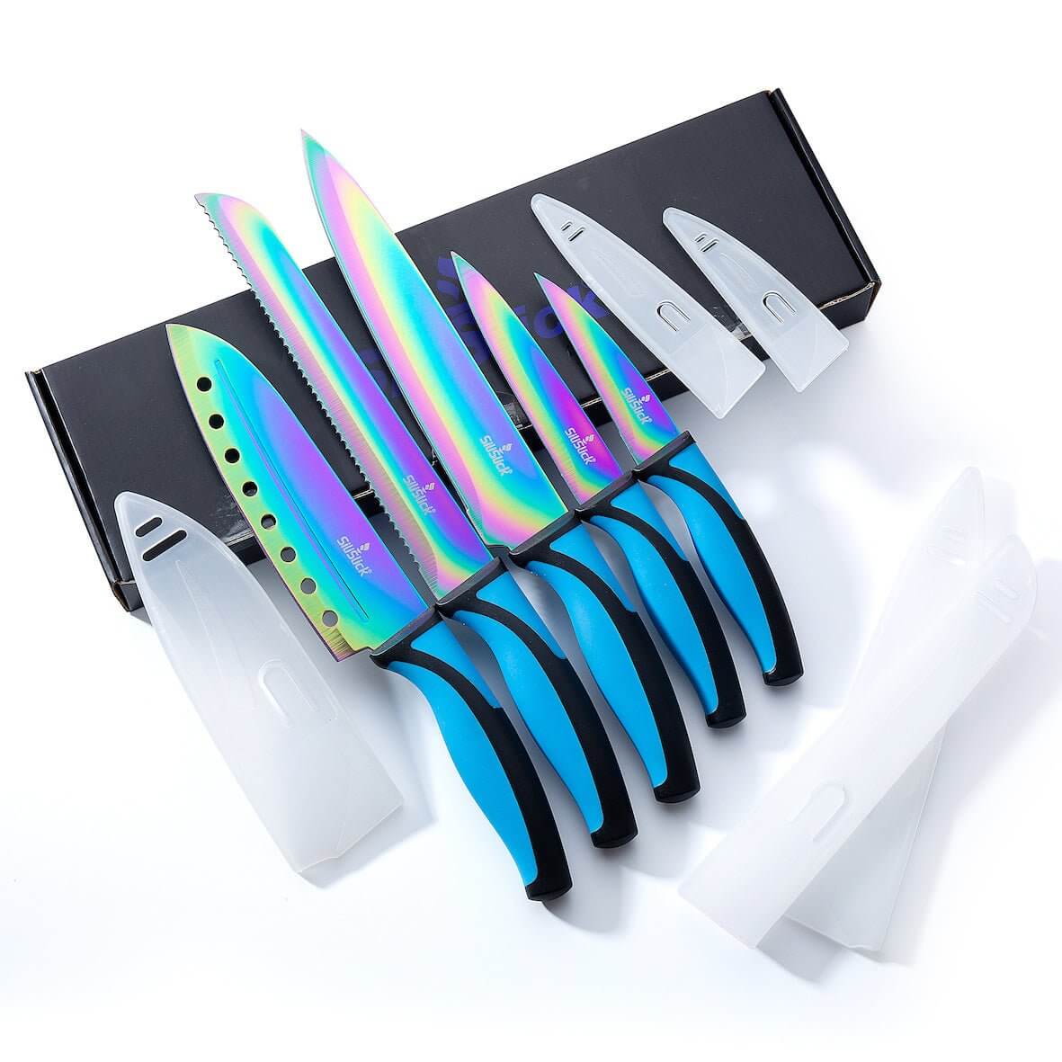 Kitchen Knife Set Kit | Blue Handle, Black Magnetic Rack & Sharpener