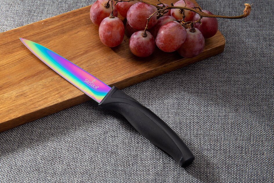 Steak Knife Set 6 Rainbow Titanium Coated Blades & Black Handles