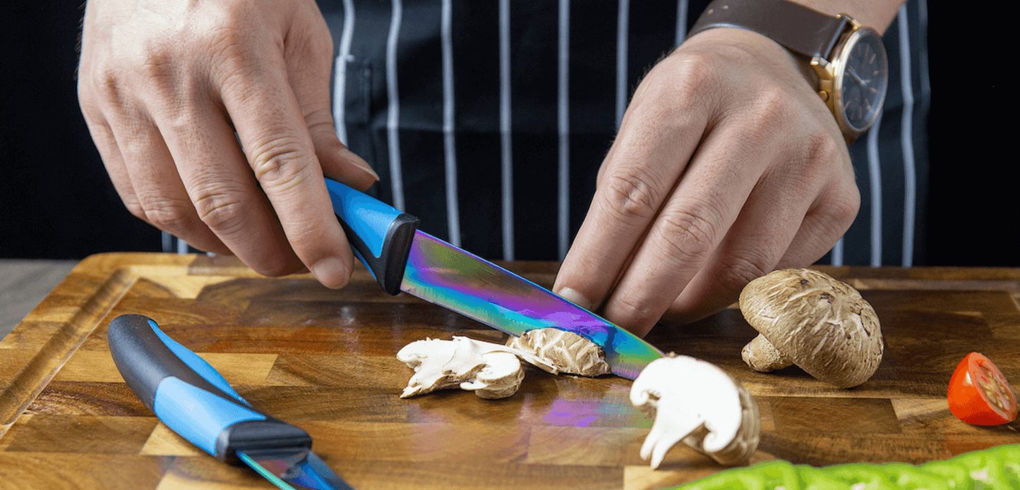Steak Knife Set 6 Rainbow Titanium Coated Blades & Blue Handles