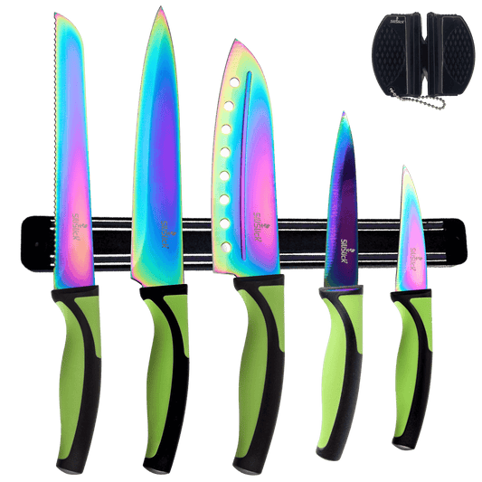Kitchen Knife Set Kit | Green Handle & Black Magnetic Rack
