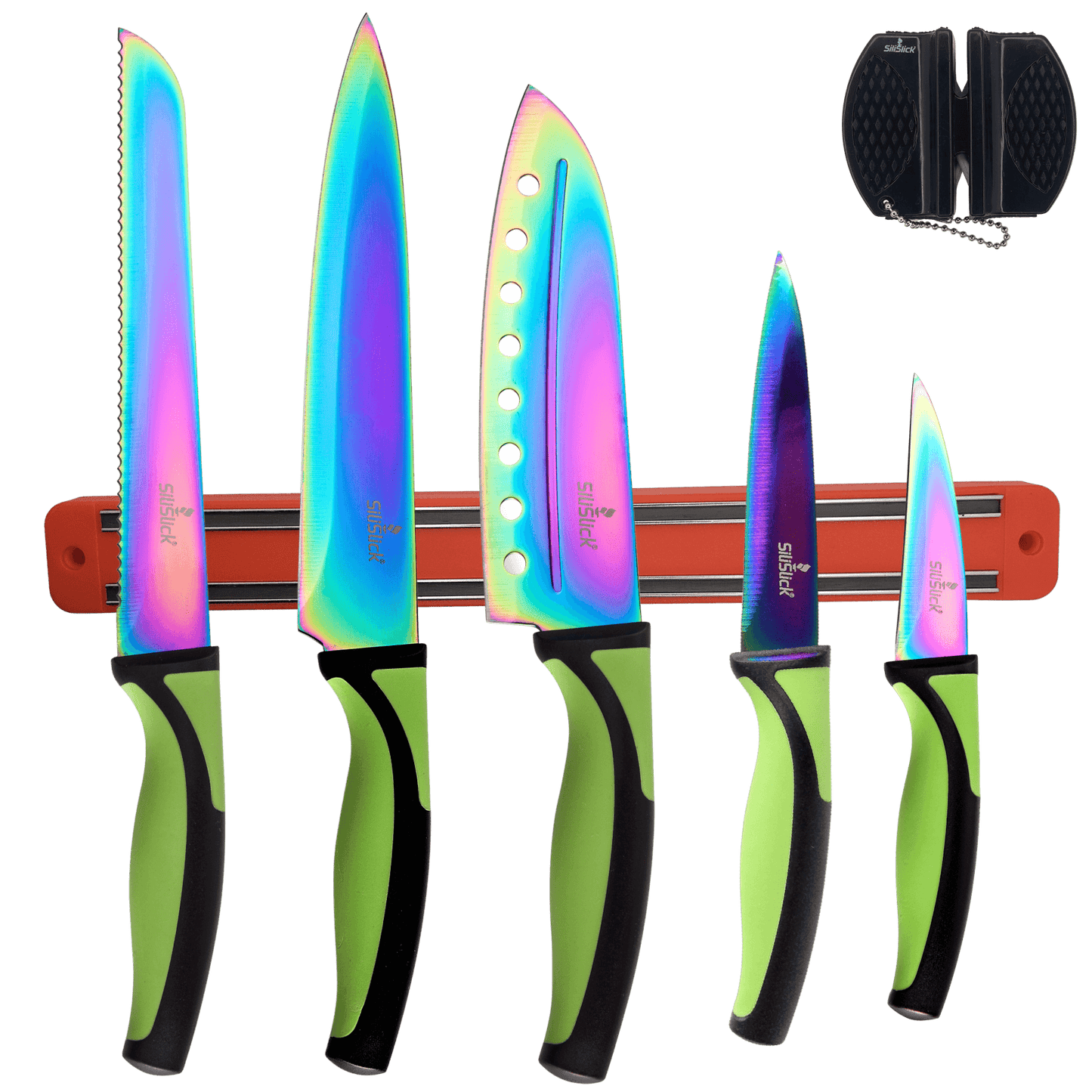 Kitchen Knife Set Kit | Green Handle & Red Magnetic Rack