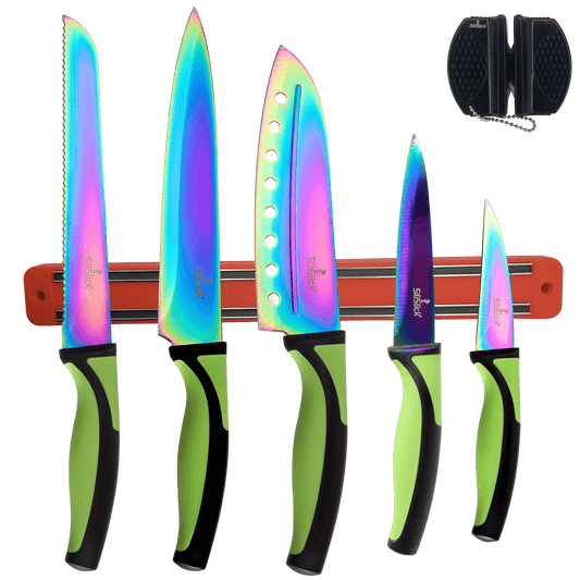Kitchen Knife Set Kit | Green Handle & Red Magnetic Rack
