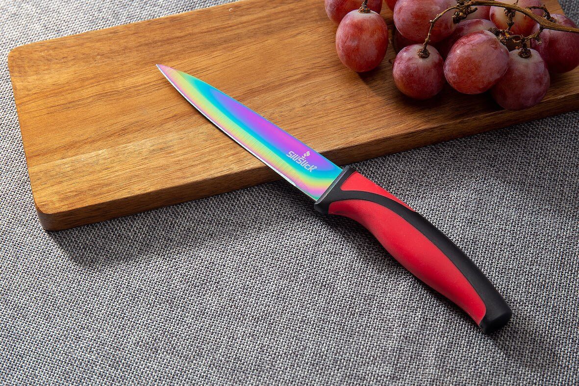 Steak Knife Set 6 Rainbow Titanium Coated Blades & Red Handles