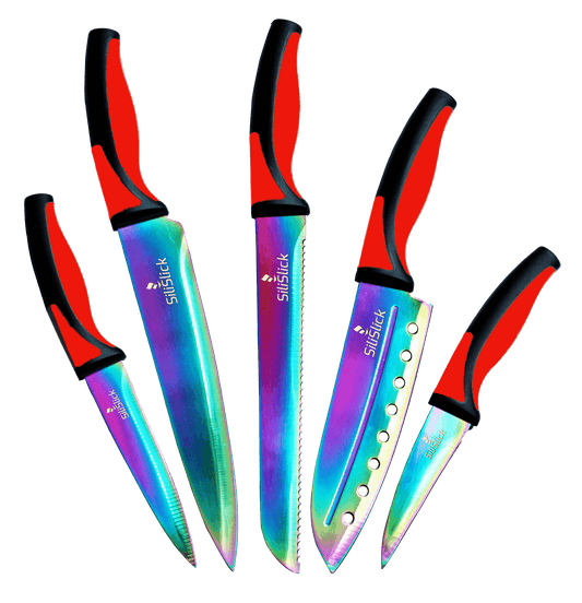 Kitchen Knife Set - Titanium Coated Blades - Red Handles