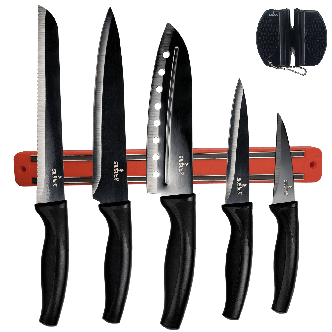 Kitchen Knife Set Kit | Red Magnetic Rack & Portable Sharpener