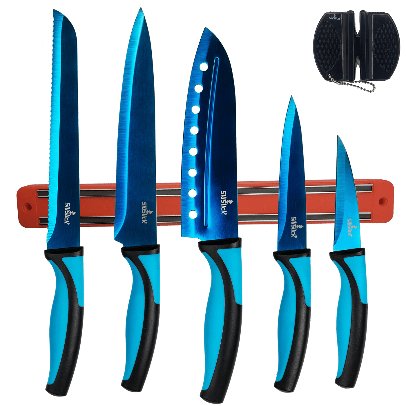 Kitchen Knife Set Kit | Red Magnetic Rack & Portable Sharpener