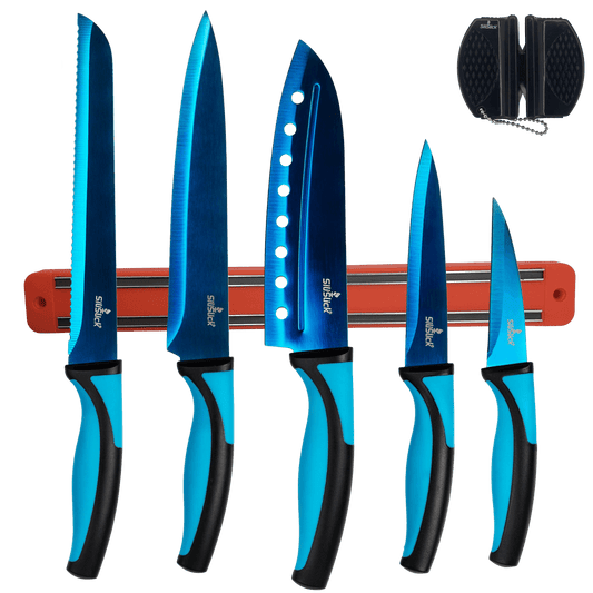 Kitchen Knife Set Kit | Red Magnetic Rack & Portable Sharpener