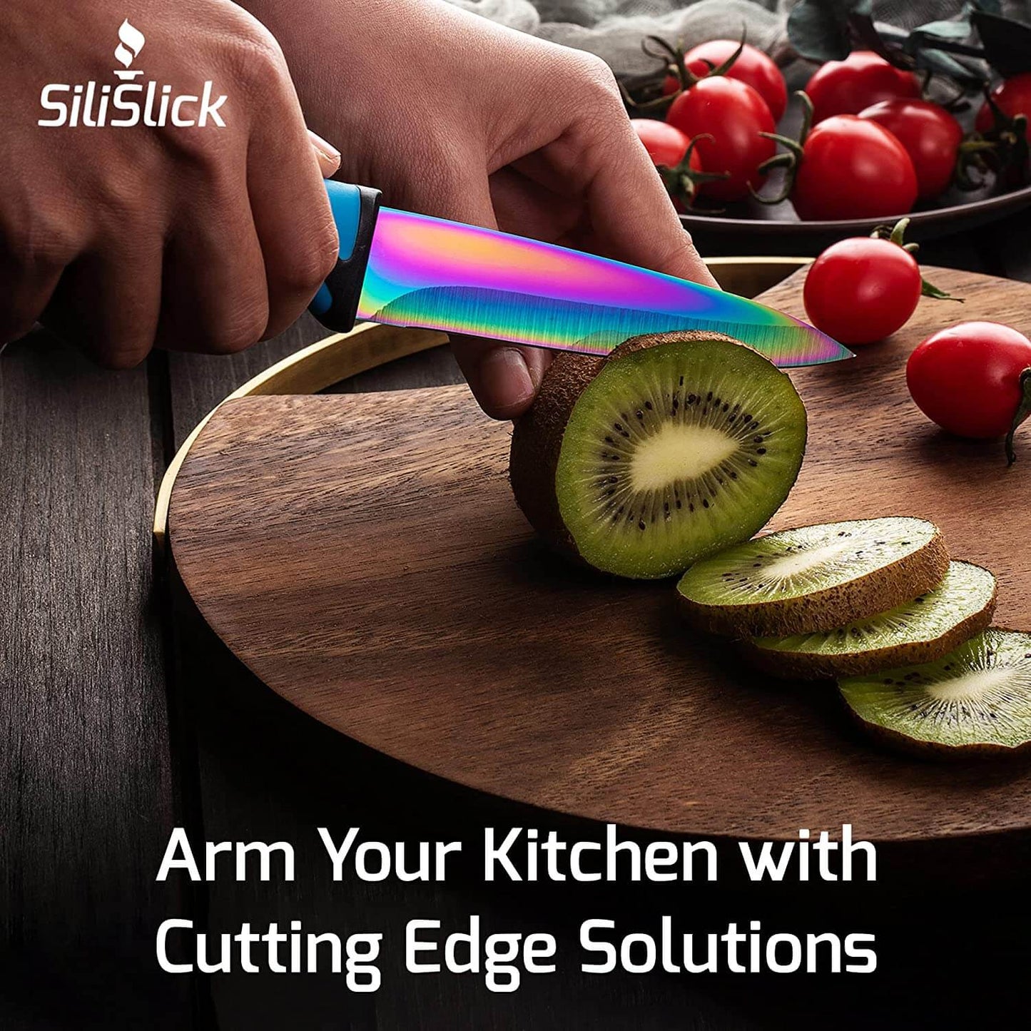 Steak Knife Set 4 Rainbow Titanium Coated Blades & Green Handles