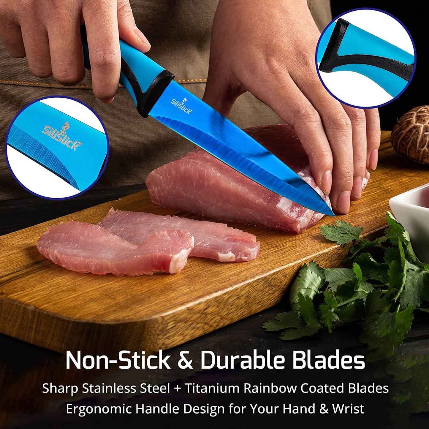 Steak Knife Set 6 Titanium Coated Black Handle, Black Blade