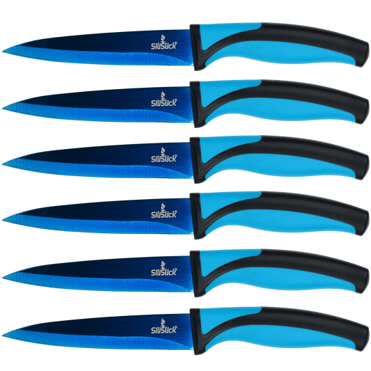 Steak Knife Set 6 Titanium Coated Blue Handle, Blue Blade