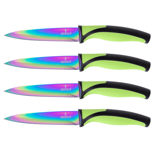 Steak Knife Set 4 Rainbow Titanium Coated Blades & Green Handles