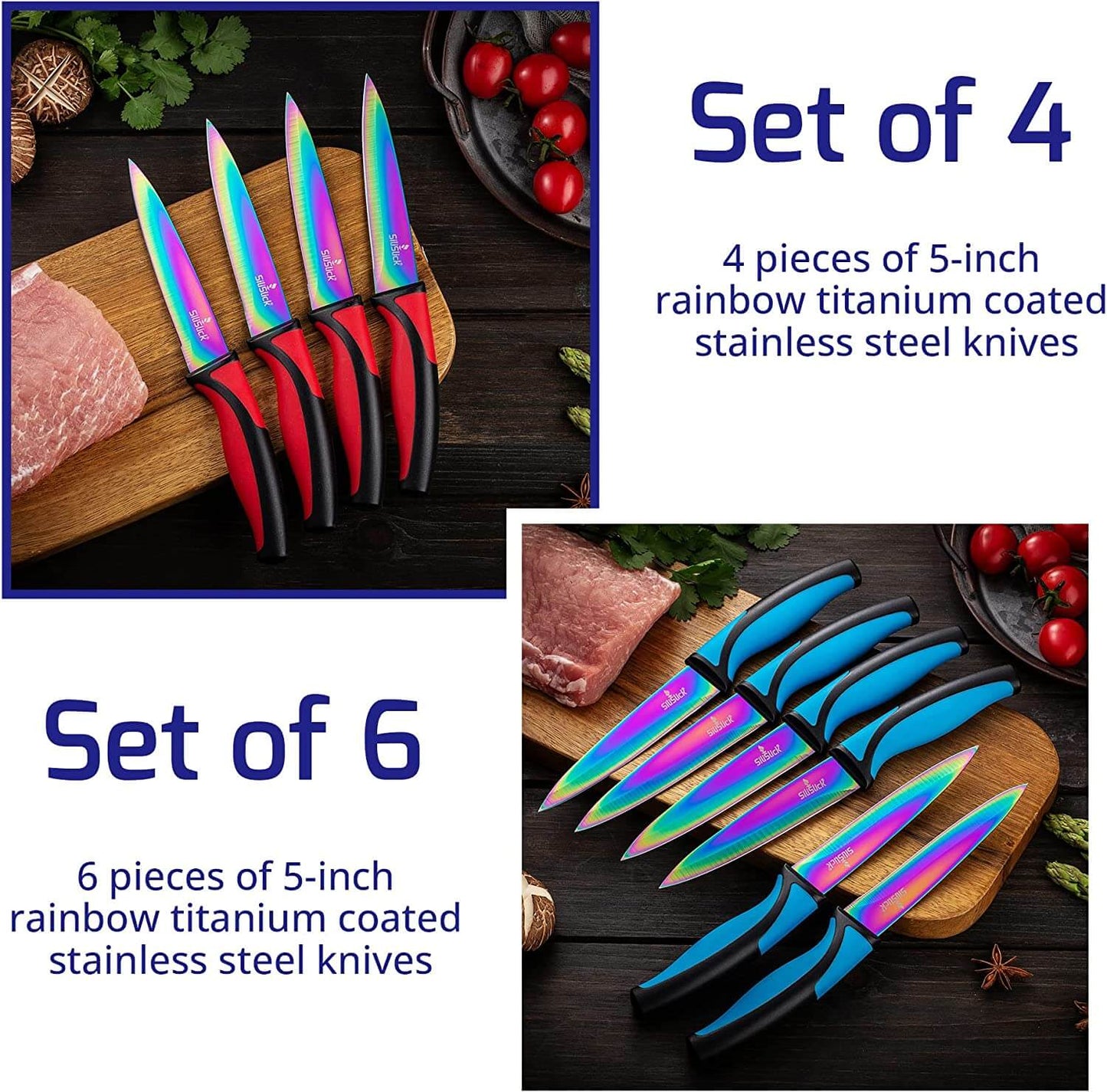 Steak Knife Set 4 Rainbow Titanium Coated Blades & Green Handles