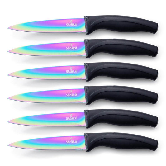 Steak Knife Set 6 Rainbow Titanium Coated Blades & Black Handles
