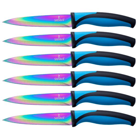 Steak Knife Set 6 Rainbow Titanium Coated Blades & Blue Handles