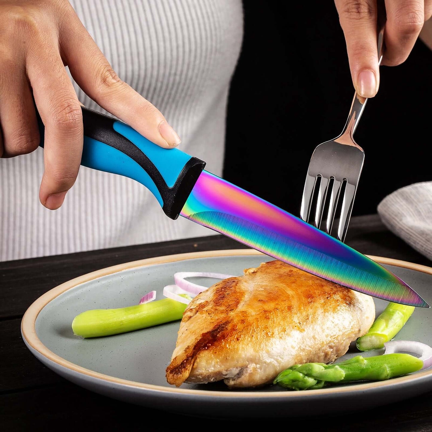 Steak Knife Set 6 Rainbow Titanium Coated Blades & Blue Handles