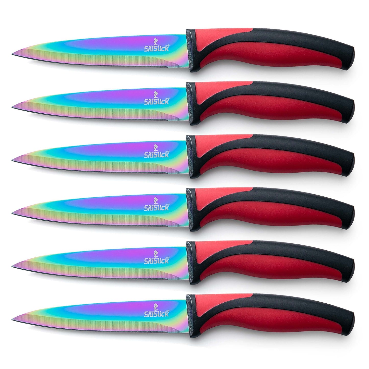 Steak Knife Set 6 Rainbow Titanium Coated Blades & Red Handles