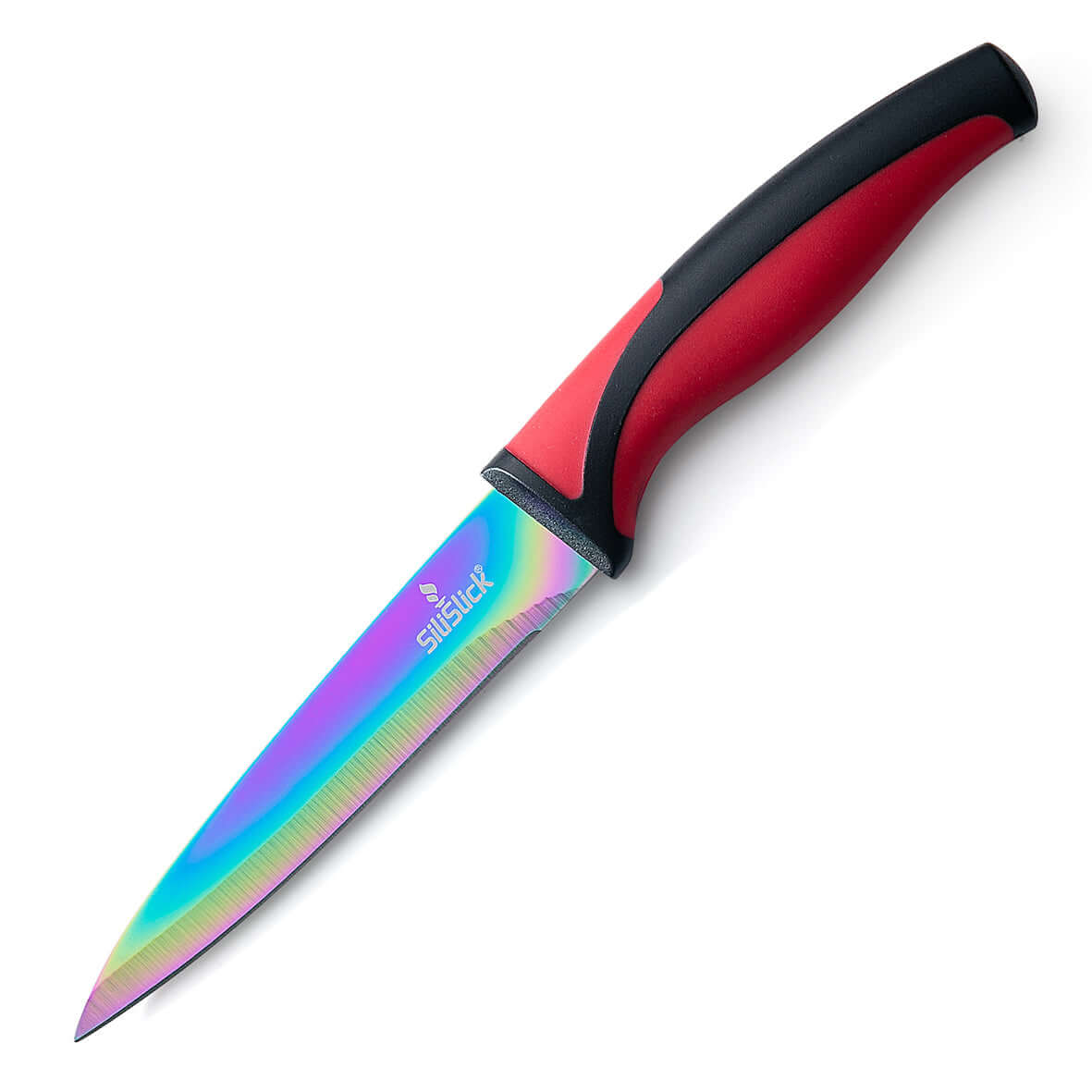 Steak Knife Set 6 Rainbow Titanium Coated Blades & Red Handles