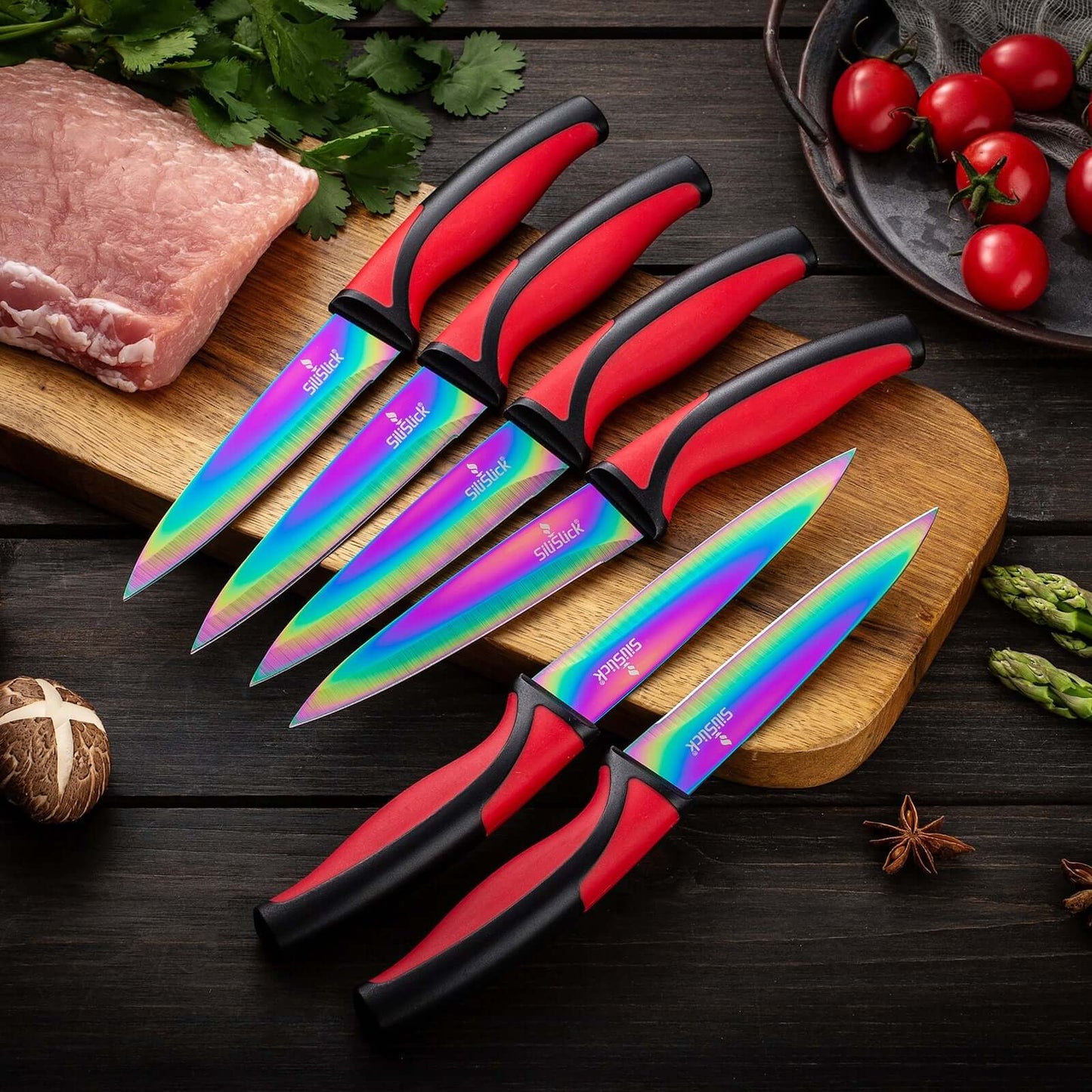 Steak Knife Set 6 Rainbow Titanium Coated Blades & Red Handles