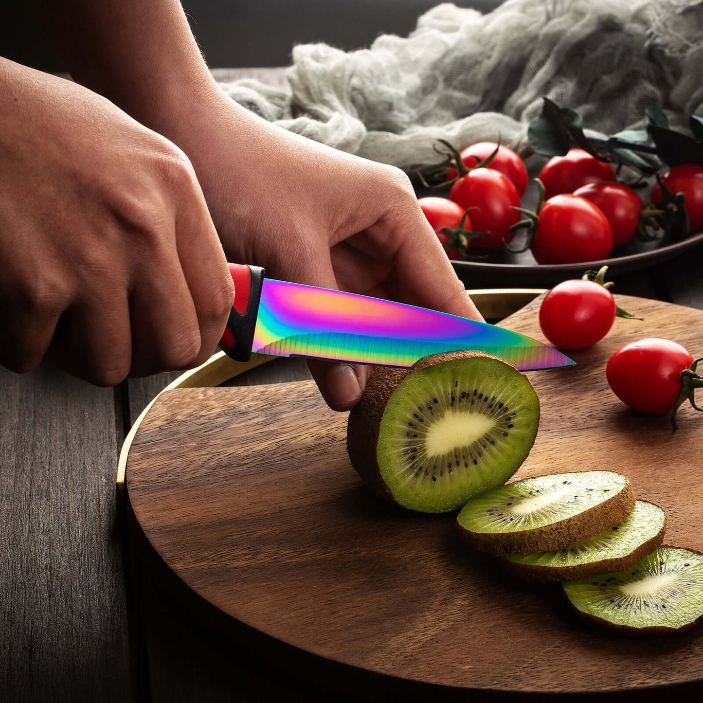 Steak Knife Set 6 Rainbow Titanium Coated Blades & Red Handles
