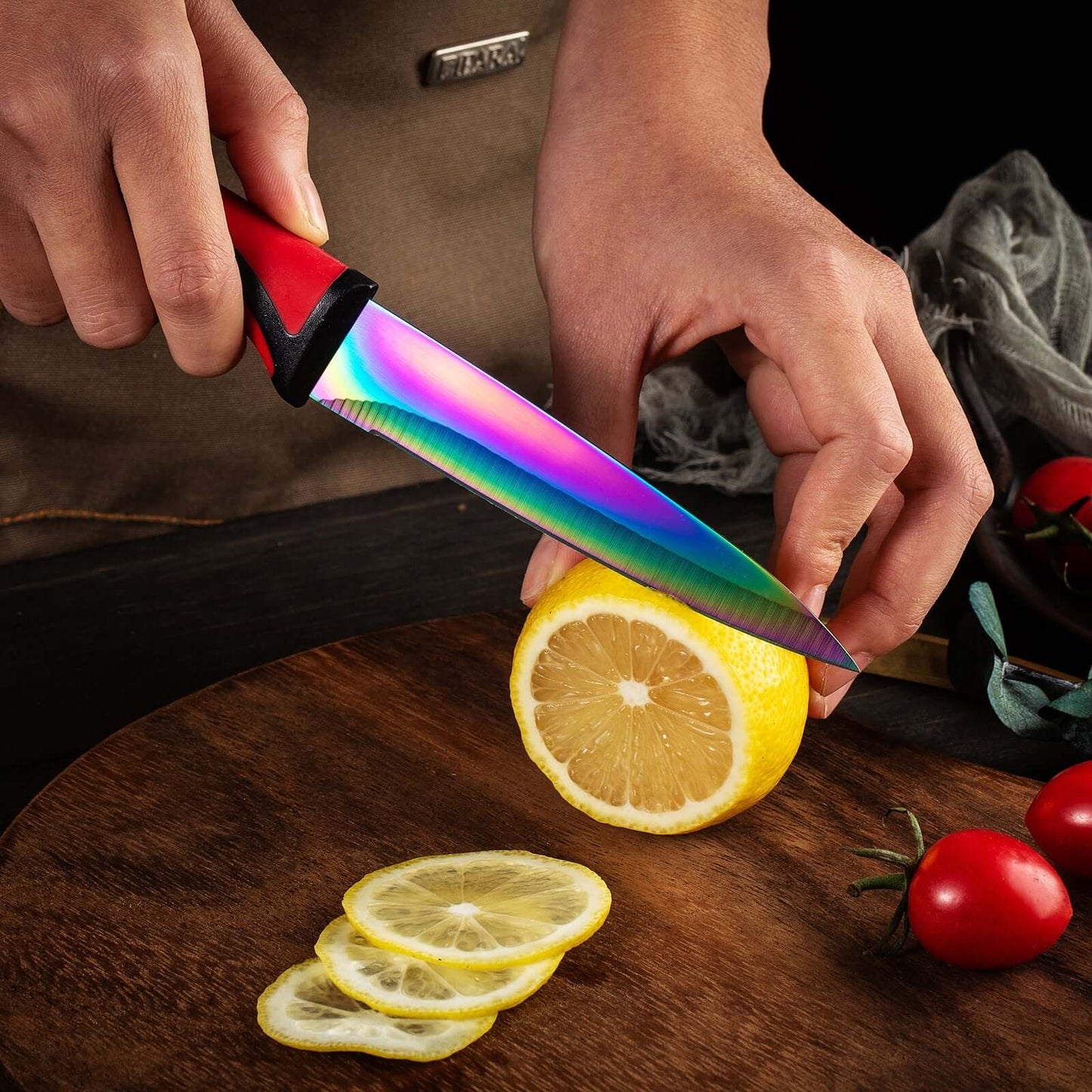Steak Knife Set 6 Rainbow Titanium Coated Blades & Red Handles